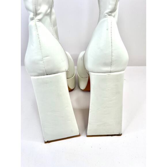 Pretty Little Thing White Platform Boots Size 7 Chunky Heels Square Toe Zip - Picture 11 of 15